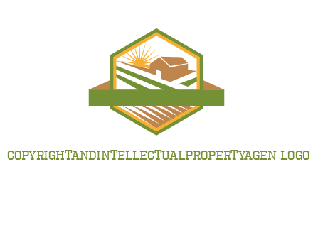ribbon around sun and barn house with fields in hexagon farm logo