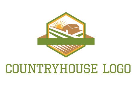 ribbon around sun and barn house with fields in hexagon farm logo