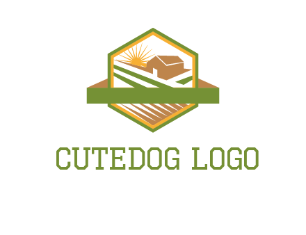 ribbon around sun and barn house with fields in hexagon farm logo
