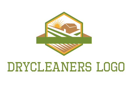 ribbon around sun and barn house with fields in hexagon farm logo