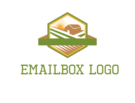 ribbon around sun and barn house with fields in hexagon farm logo