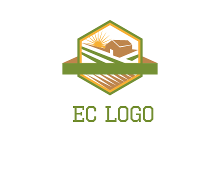 ribbon around sun and barn house with fields in hexagon farm logo