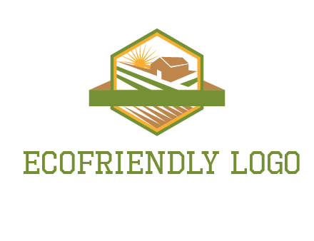 ribbon around sun and barn house with fields in hexagon farm logo