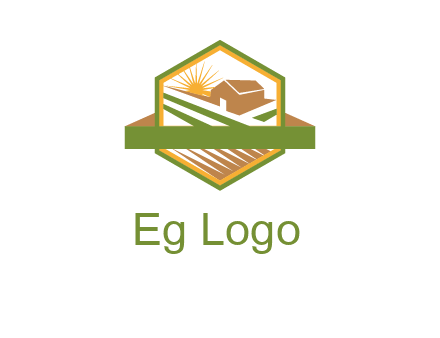 ribbon around sun and barn house with fields in hexagon farm logo