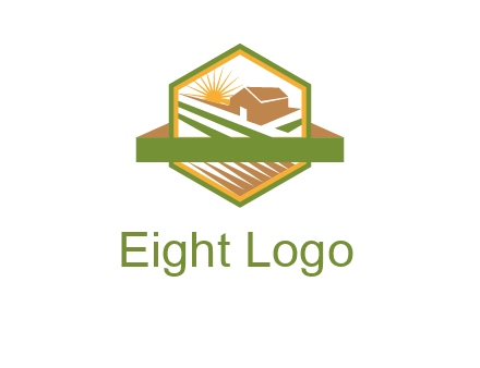ribbon around sun and barn house with fields in hexagon farm logo