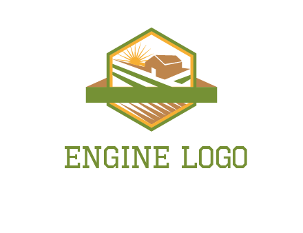 ribbon around sun and barn house with fields in hexagon farm logo