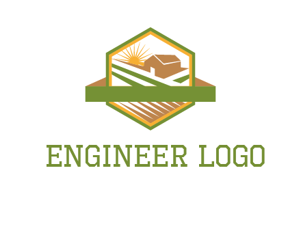 ribbon around sun and barn house with fields in hexagon farm logo