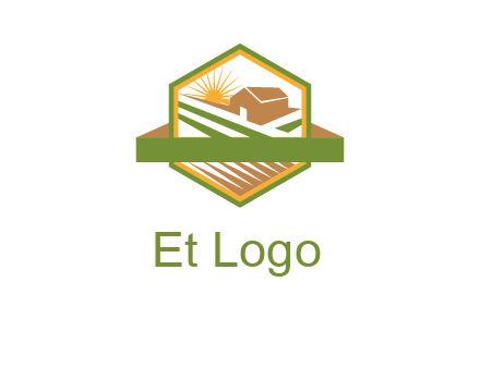 ribbon around sun and barn house with fields in hexagon farm logo