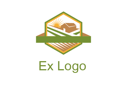 ribbon around sun and barn house with fields in hexagon farm logo