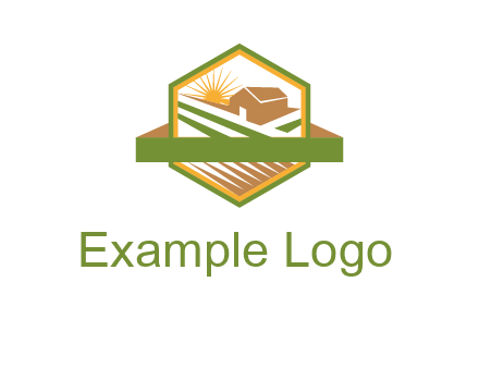 ribbon around sun and barn house with fields in hexagon farm logo