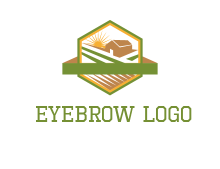ribbon around sun and barn house with fields in hexagon farm logo