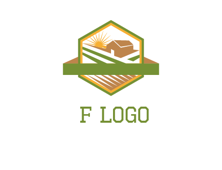 ribbon around sun and barn house with fields in hexagon farm logo