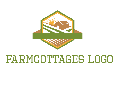 ribbon around sun and barn house with fields in hexagon farm logo