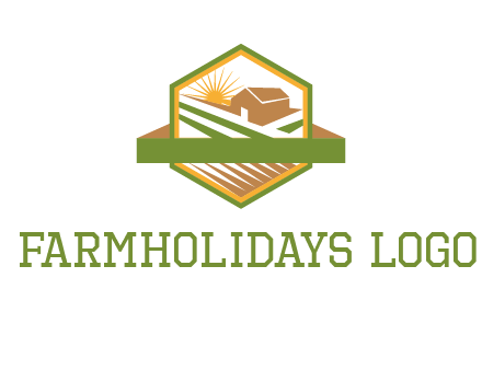 ribbon around sun and barn house with fields in hexagon farm logo