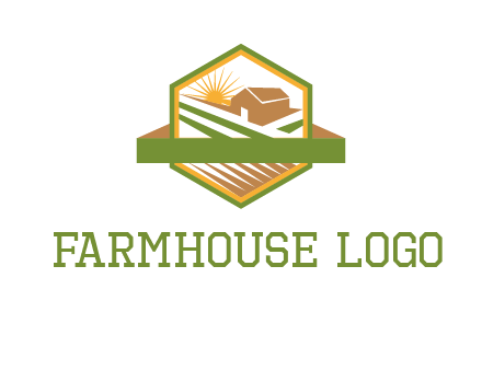 ribbon around sun and barn house with fields in hexagon farm logo