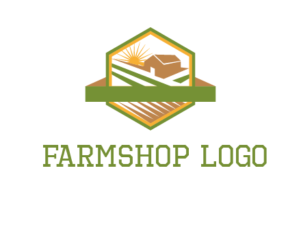 ribbon around sun and barn house with fields in hexagon farm logo