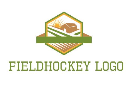 ribbon around sun and barn house with fields in hexagon farm logo