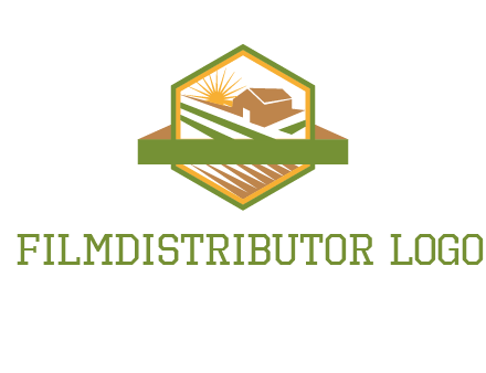 ribbon around sun and barn house with fields in hexagon farm logo