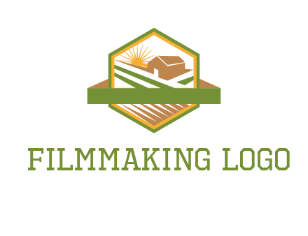ribbon around sun and barn house with fields in hexagon farm logo