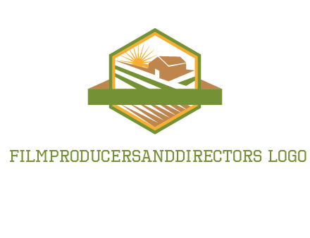 ribbon around sun and barn house with fields in hexagon farm logo