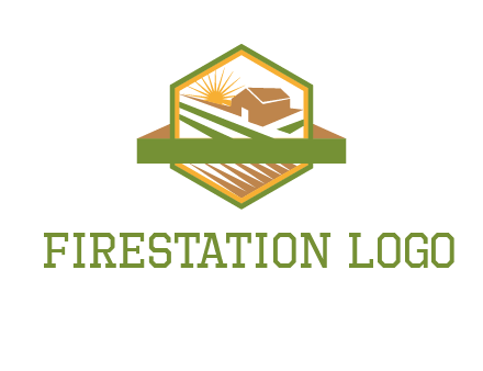 ribbon around sun and barn house with fields in hexagon farm logo