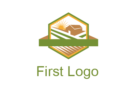 ribbon around sun and barn house with fields in hexagon farm logo