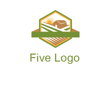 ribbon around sun and barn house with fields in hexagon farm logo