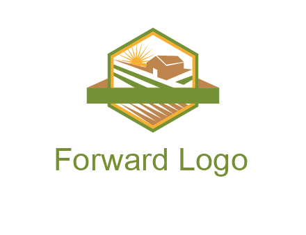 ribbon around sun and barn house with fields in hexagon farm logo