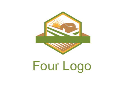 ribbon around sun and barn house with fields in hexagon farm logo