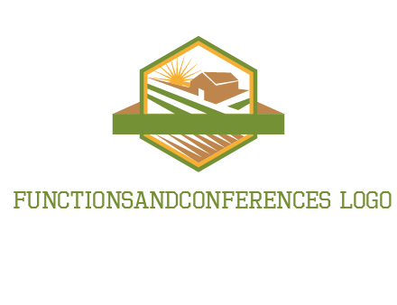 ribbon around sun and barn house with fields in hexagon farm logo