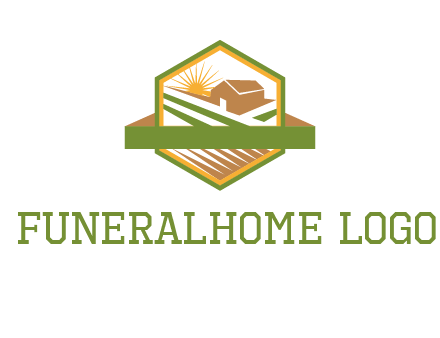 ribbon around sun and barn house with fields in hexagon farm logo