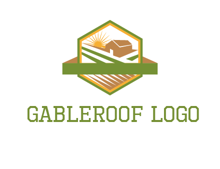 ribbon around sun and barn house with fields in hexagon farm logo