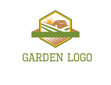 ribbon around sun and barn house with fields in hexagon farm logo