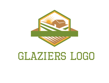 ribbon around sun and barn house with fields in hexagon farm logo
