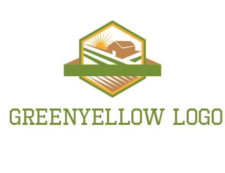 ribbon around sun and barn house with fields in hexagon farm logo