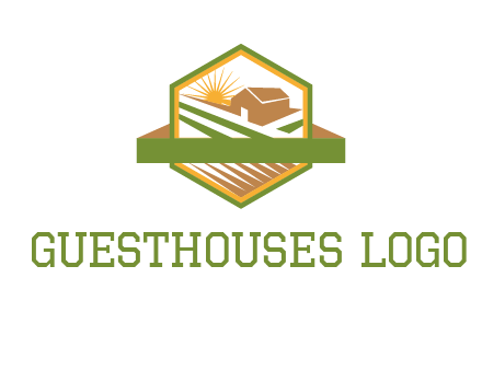 ribbon around sun and barn house with fields in hexagon farm logo