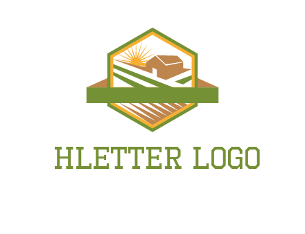 ribbon around sun and barn house with fields in hexagon farm logo