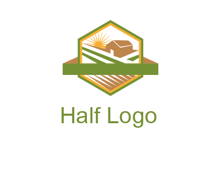 ribbon around sun and barn house with fields in hexagon farm logo