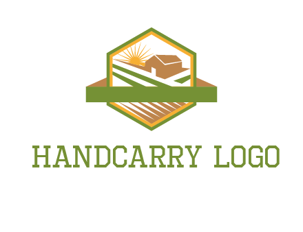 ribbon around sun and barn house with fields in hexagon farm logo