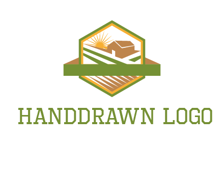 ribbon around sun and barn house with fields in hexagon farm logo