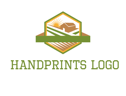 ribbon around sun and barn house with fields in hexagon farm logo