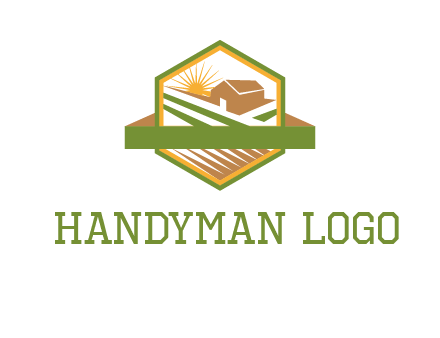 ribbon around sun and barn house with fields in hexagon farm logo