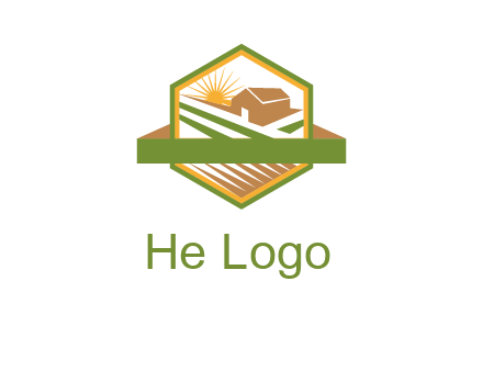 ribbon around sun and barn house with fields in hexagon farm logo