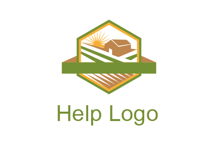 ribbon around sun and barn house with fields in hexagon farm logo