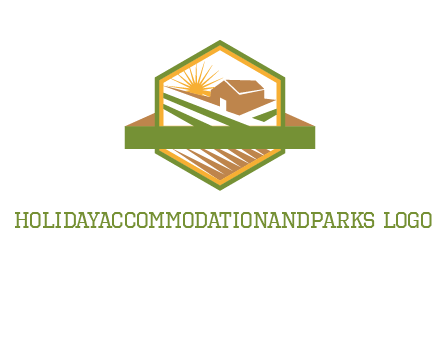 ribbon around sun and barn house with fields in hexagon farm logo