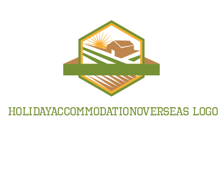 ribbon around sun and barn house with fields in hexagon farm logo
