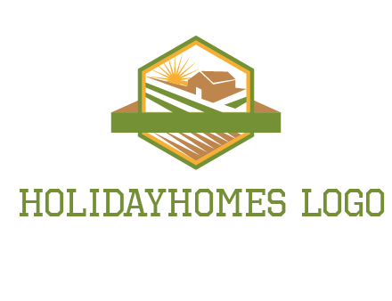 ribbon around sun and barn house with fields in hexagon farm logo