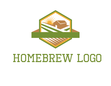 ribbon around sun and barn house with fields in hexagon farm logo