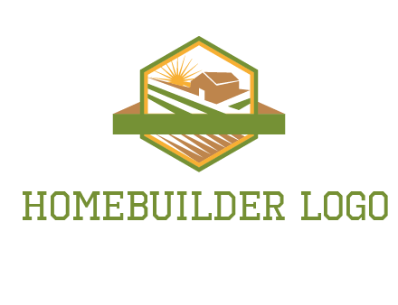 ribbon around sun and barn house with fields in hexagon farm logo