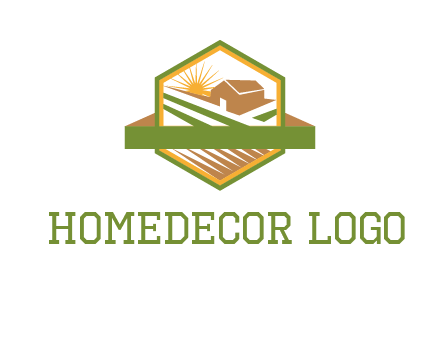ribbon around sun and barn house with fields in hexagon farm logo